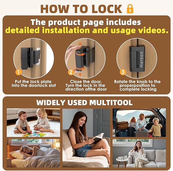 Portable Door Lock,Security Door Reinforcement Lock,No Drilling(Black-4PCS) | Portable Door Lock for Travel,Interior Doors for Apartments,Hotels,bedrooms - Image 4