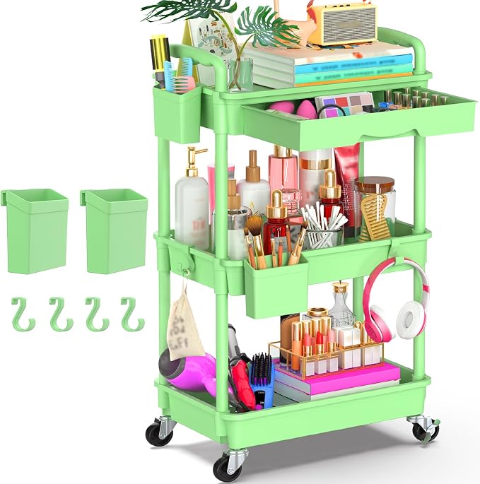 Goovilla 3 Tier Rolling Utility Cart Organizer with Removable Drawer, Green | Stable and Sturdy Rolling Storage Carts with 2 Lockable Wheels for Bathroom, Kitchen, Snack, Craft, Makeup, Baby Essentials by Goovilla