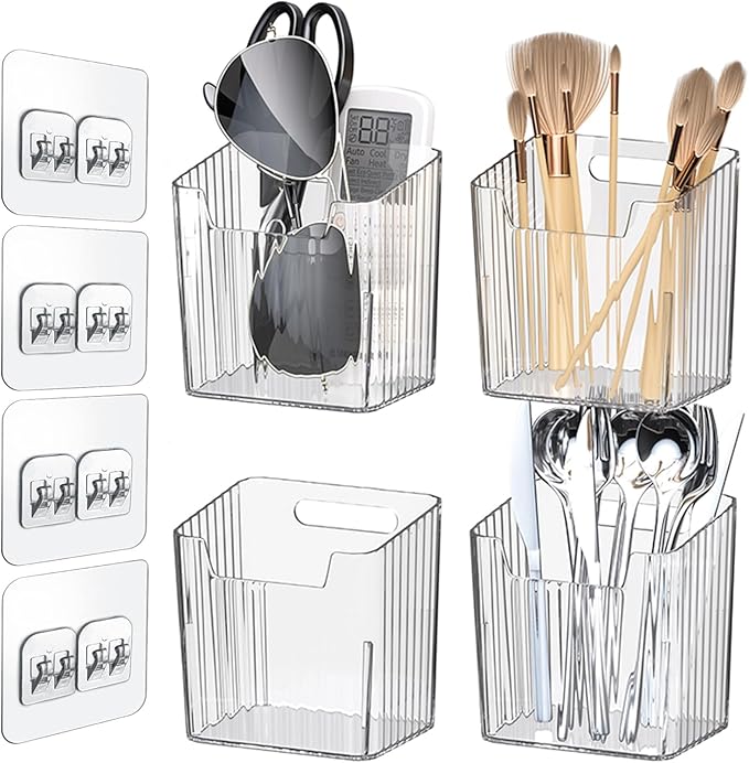 Lae Nuvole Clear Adhesive Wall Organizer Bins, Cabinet Door Storage, 4 Pack | 8 adhesive pads, No Drill, PET, stackable, space-saving; renter friendly, for Bathroom, Kitchen, Pantry, RV, Dorm, Office by LaeNuvole