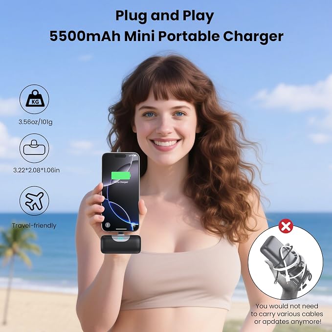Mini Portable Charger USB C Power Bank,5500mAh PD Fast Charging Battery Pack Built-in USB-C Connector Travel Essential for iPhone17/17Pro/17Pro Max/Air/16 Plus/16Pro Max/15 Series,Android Black - Image 2