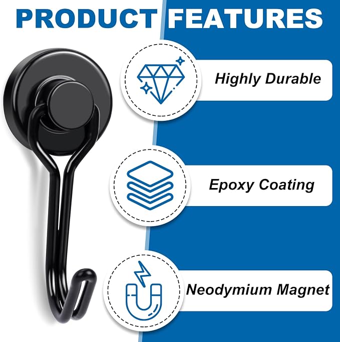 Swivel Swing Magnetic Hooks 80LBS Heavy Duty Magnet Hook | Strong Neodymium Magnetic Hook for Cruise Cabins Refrigerator Hanging Garage Workshop Office and Kitchen Black 8 Pack - Image 4