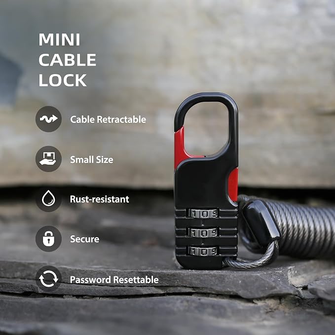 Small Combination Ski Lock with Retractable Cable (3ft/91cm Wire), Thin Cable Locks with Combination for Travel Luggage, Suitcases, Backpack, Snowboard, Bike, Motorcycle Helmet Anti Theft - Image 3