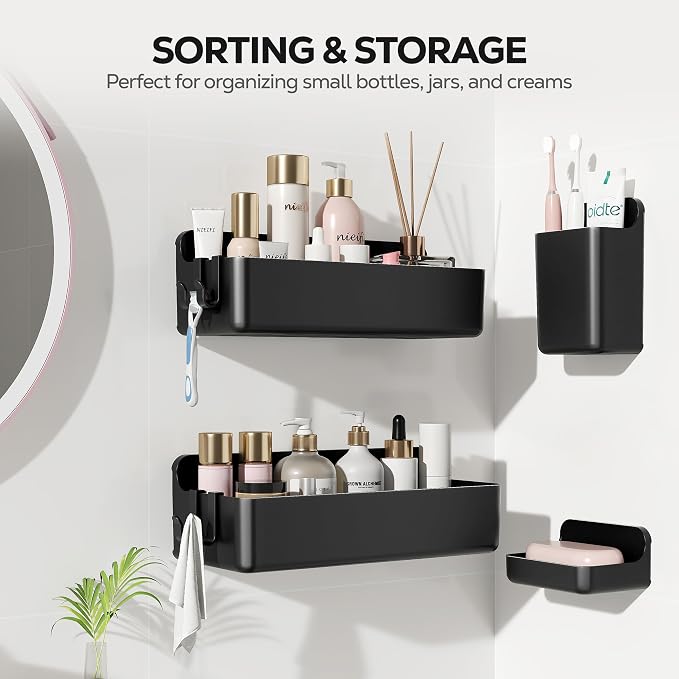 Nieifi Adhesive Shower Shelves, Black, 4 Pieces | Rustproof ABS, Large Capacity, Removable Design, Easy-Clean, No Drilling Shower Organizer for Bathroom Storage & Home Decor - Image 8
