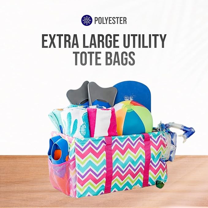Extra Large Utility Tote Bag - Oversized Collapsible Reusable Wire Frame Rectangular Canvas Basket With Two Exterior Pockets For Beach, Pool, Laundry, Car Trunk, Storage - Chevron Multi - Image 8