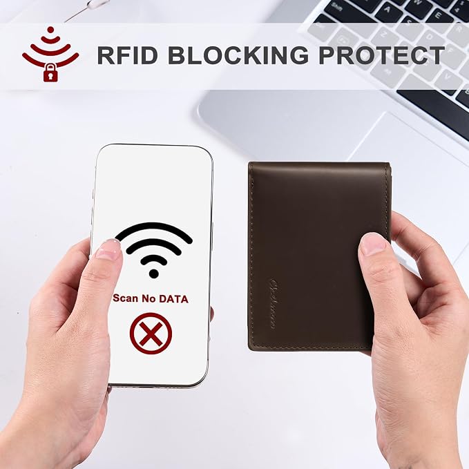 Chelmon Genuine Leather Slim Wallet for Men ID Window with RFID Blocking Minimalist Mens Front Pocket Bifold Bussiness Card Holder Gift for Men, Craze Horse Brown - Image 4