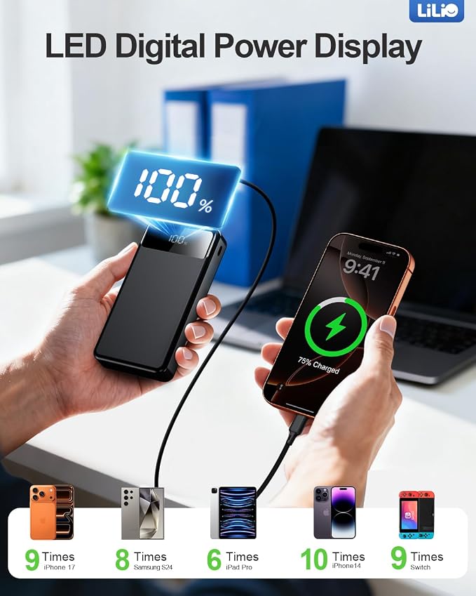 LILIO 60000mAh Portable Charger, 22.5W Fast Charging with 3 in 1 Cable | Charges 5 Devices, LED Display, Fits Camping, Road Trips, Hiking, Emergencies, for iPhone 17-12/Samsung/Android/iPad - Image 6