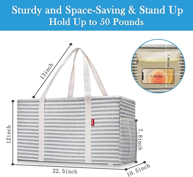 LHZK 2 Pack Extra Large Utility Tote Bag with Metal Wire Frame and the Sides Rinforced, Extra Large Tote Bag with Handle for Pool Beach Laundry Storage (Gray) - Image 6