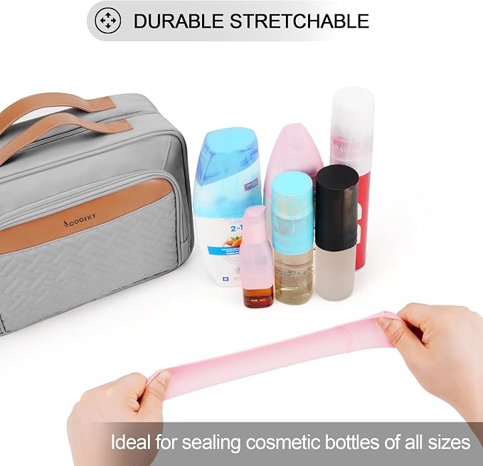 Travel Hanging Toiletry Bag for Women, Large Makeup Bag 8 Leak Proofing Silicone Bottle Covers, Waterproof Cosmetic Bag with Jewelry Organizer Compartment, Toiletries Kit Set, Grey - Image 3