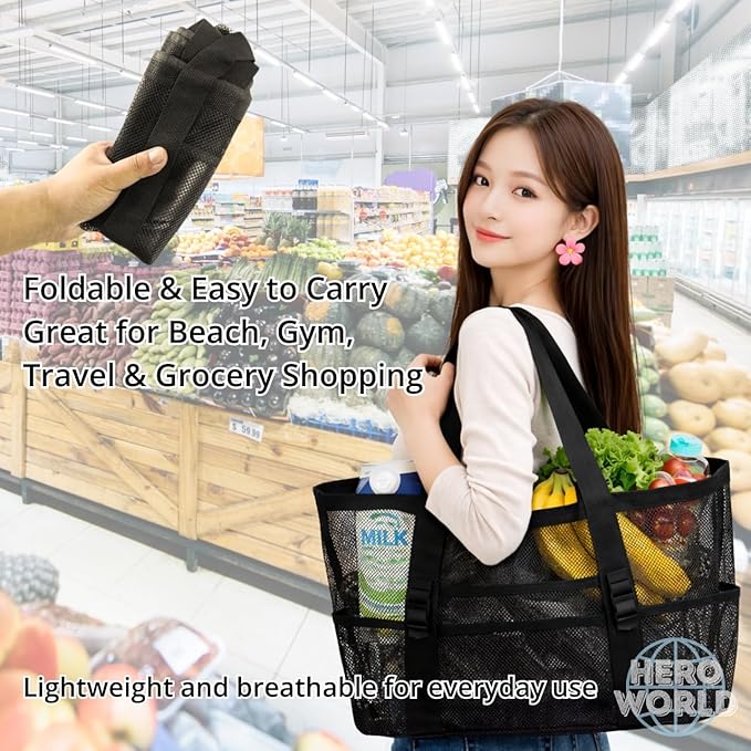 Mesh Beach Tote Bag Large Capacity Pool Gym Laundry Tote Foldable with Pockets Lightweight Travel Bag - Image 6