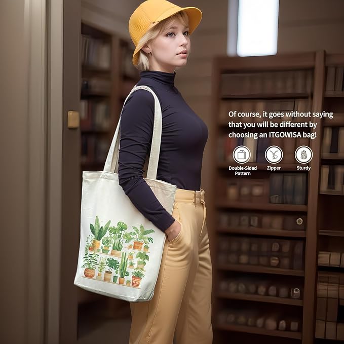 itgowisa Canvas Tote Bag for Women, Tote Bag with Zipper Inner Pocket, Zippered Canvas Bag for Shopping Work Grocery Everyday - Image 7