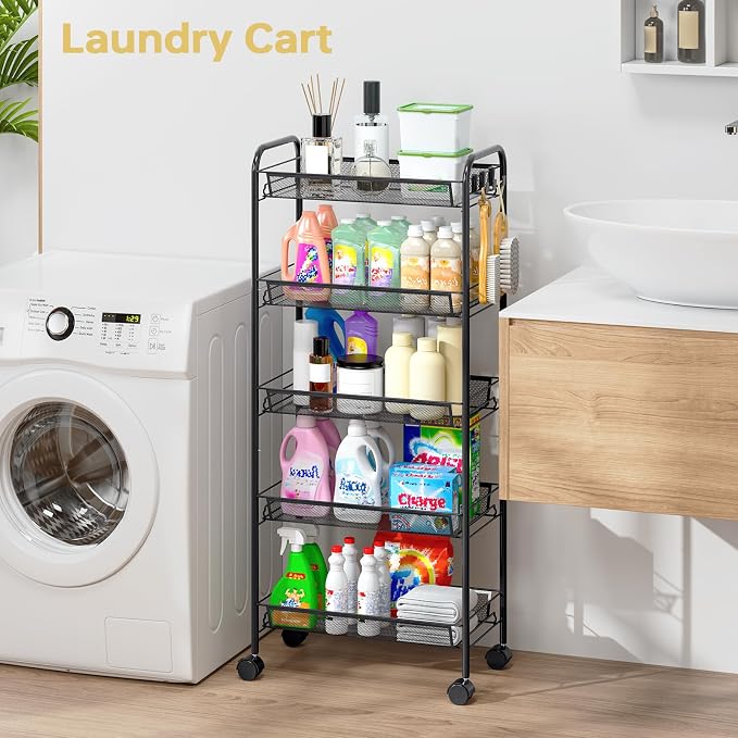 TOOLF 5 Tier Rolling Cart, Metal Utility Storage Cart with Wheels, Black | 3 Hooks, Screwless Assembly, Trolley Organizer for Bathroom, Kitchen, Office, Nursery, Dorm, Laundry Room - Image 2