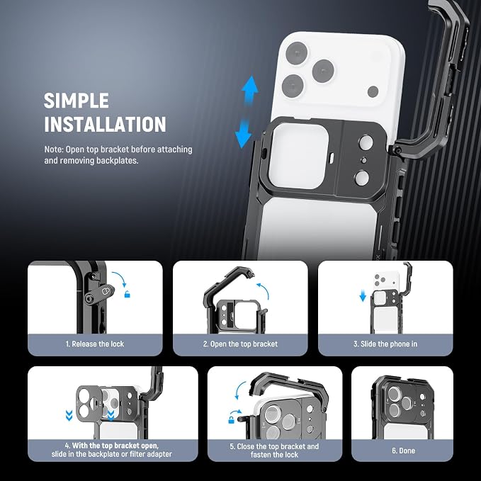 NEEWER Phone Cage Compatible with iPhone 17 Pro Max, Quick Release Video Rig Stabilizer Accessories with 67mm Filter Ring, 17mm Lens Backplate, T Mount Adapter, 4X Camera Control Cap, PA144 (Black) - Image 2