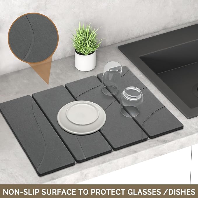 Large Stone Dish Drying Mat for Kitchen Counter, 2 PCS Quick Dry Stone Mats, Foldable Water Absorbing Diatomaceous Earth Drying Dishes Pad for Countertop Bottle Utensil Cup(Carved Gray 24"x16"&8"x4") - Image 4