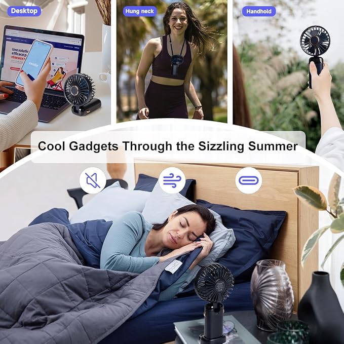 Portable Handheld Fan, 12 hours, Upgrade 3200mAh Portable Fan with LED Display, 90° Foldable, 5 Speed Wind,Hand Held/Neck/Desk 3 in 1 Personal Small Fans, Makeup Fans for Women (Dark Blue) - Image 4