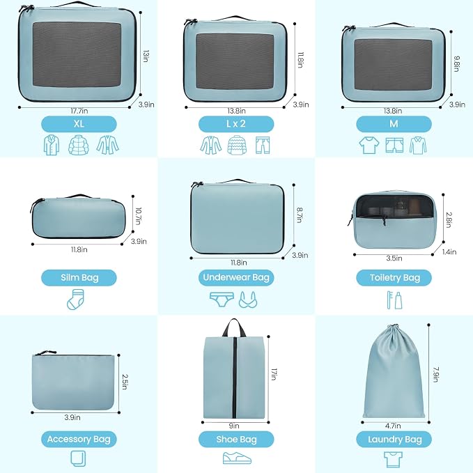 Mesh Packing Cubes for Travel, Durable Luggage Organizer with Sturdy Material and Double Zippers, Comprehensive Set for Travel Accessories Storage, 10 set, teal - Image 2