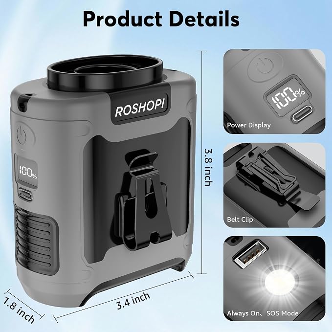 2025 AI Portable Fan Rechargeable -10000mAh, 40H Work Time with 5 Speeds 16000RPM Strong Airflow, Personal Waist Fan with Flashlight for Clip On Belt, Neck, Desk, Outdoor Indoor Jobsite Camping Travel - Image 5