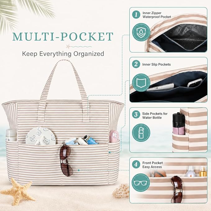 LEDAOU Large Beach Bag for Women, Waterproof Sandproof Tote Bag with Zipper | 36L Pool and Swim bag with Zipper, Wet/Dry pocket and 7 Pockets for Beach Days, Cruises, Vacations and Family travel - Image 9