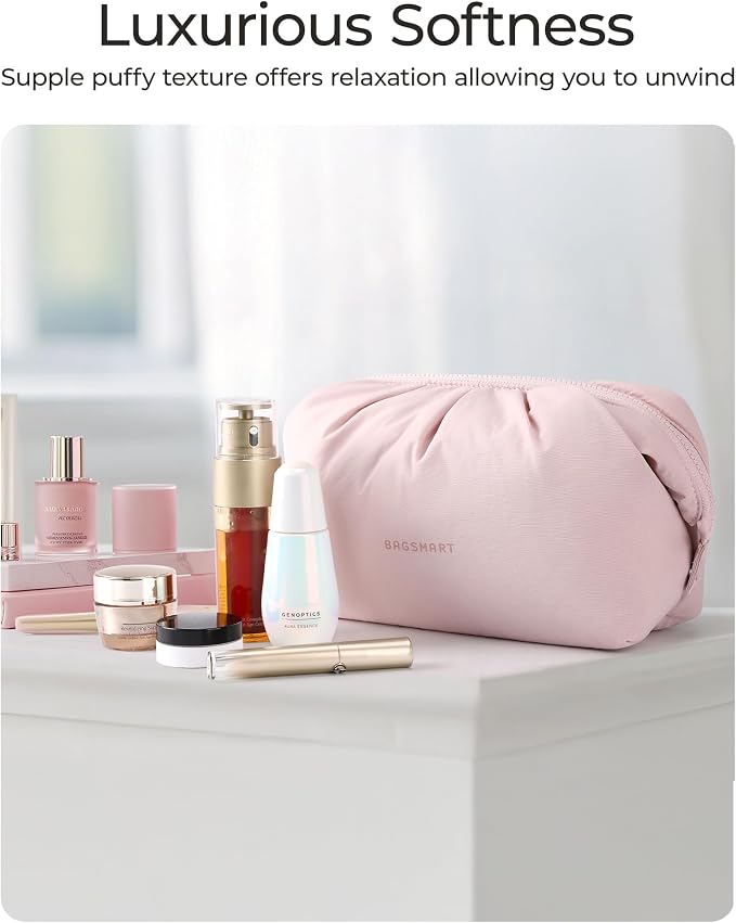 BAGSMART Makeup Bag Travel Toiletry Bag, Cute Make Up Bag, Large Capacity Cosmetic Bags for Women, Wide-open Makeup Pouch Travel Essentials Toiletries Accessories Brushes (Pink) - Image 8