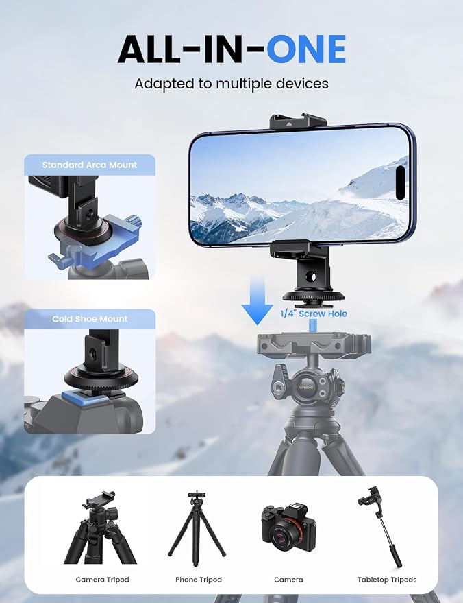 Lamicall Phone Tripod Mount Adapter with 3 Cold Shoes, Arca Port&1/4" Screw | Aluminum Alloy, Wider Clamp Camera Phone Holder 360° Phone Stand for Video Streaming Vlogging Rig for iPhone 17-5 Smartphone - Image 2