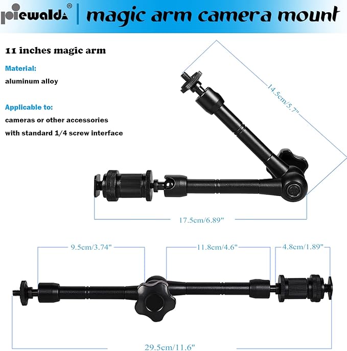 Niewalda 11" Articulating Magic Arm with 1/4" & 3/8" Threaded Super Clip | with Phone Clip/Tripod Mount Adapter for Various Action Camera /DSLR/Cell Phone /Vlogging and LCD Monitor/LED Lights Mount - Image 4