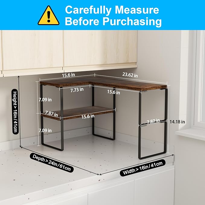 Golener Kitchen Counter Organizer, Countertop Shelf, Adjustable, Stackable | Kitchen Countertop Organizer, Spice Rack, 2-Tier Countertop Shelves, Corner Desk Shelf, Corner Counter Shelf, Rustic Brown - Image 2