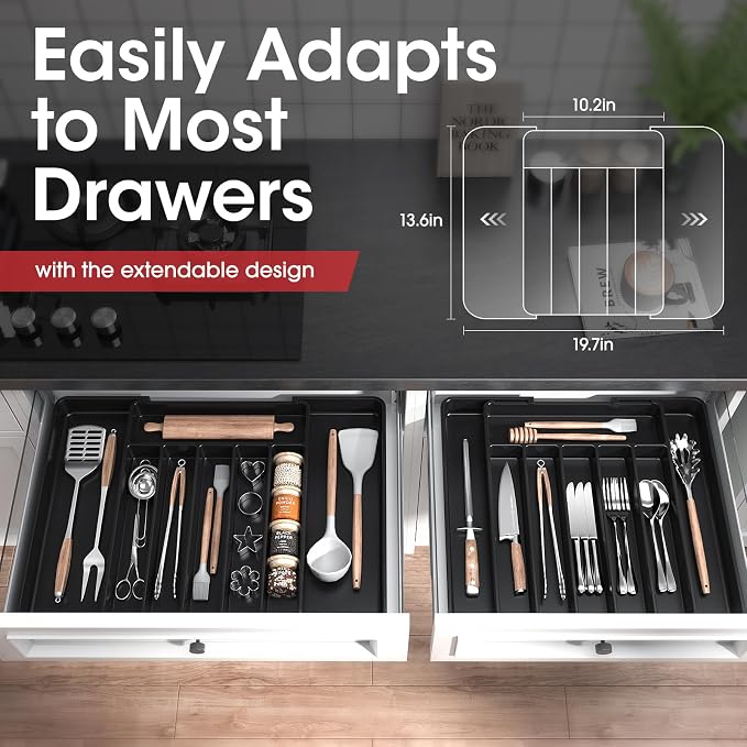 Aujen Silverware Drawer Organizer, Adjustable Utensil Cutlery Tray | Expandable Kitchen Organizer for Forks, Knives, Multipurpose Kitchen Storage , Apartment Essentials, Black, Large - Image 5