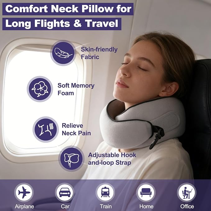 Travel Neck Pillow Airplane, Breathable Memory Foam Travel Pillows for Neck Support, Washable Cover Portable Storage Bag, 360° Ergonomic Airplane Travel Essentials for Flight, Car, Train, Office, Home | 360° Ergonomic Travel Neck Pillow with Portable S... - Image 2