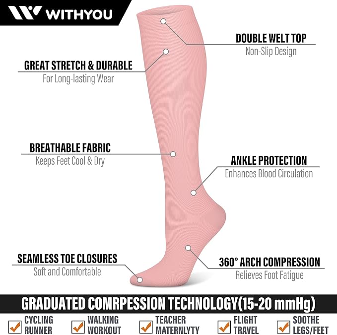 WITHYOU 3 Pairs Compression Socks for Women & Men 15-20 mmHg,Best Support for Nurses Running Hiking - Image 3