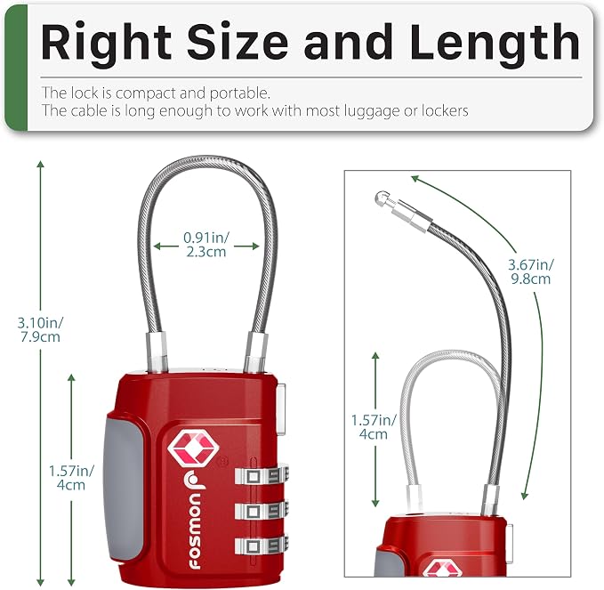 Fosmon TSA Approved Cable Luggage Locks, 3 Digit Combination, 2 Pack Red | Push Release Button, Re-settable Combo, Durable Alloy Body, Suitcase Travel Lock, Travel Bag Cable Padlock - Image 4