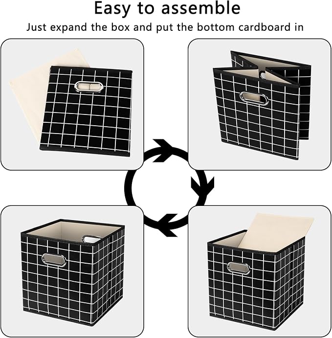 Yunkeeeper storage bins Cubes, Fabric Cube Organizer with Handle, Foldable Cube Bins for Cloth or Accessary Storage, 11x11x11, Set of 6, (Black grid) - Image 6