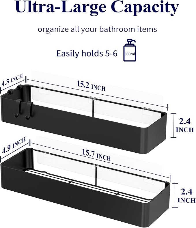 Kitsure Shower Caddy - 2 Pack Adhesive Shower Organizer, Rustproof Metal Shelves, No-Drill Bathroom Organizers and Storage, Black, XX-Large | 2 Pack Shower Shelf for Inside Shower, 100% Rustproof Metal Shelves, No-Drill Bathroom Organizers and Storage - Image 2
