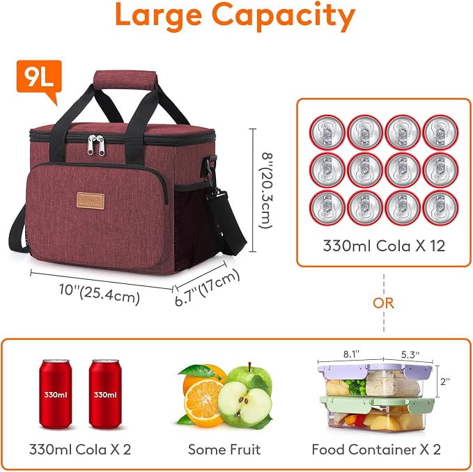 Lifewit Medium Lunch Bag, Insulated Lunch Box, Soft Cooler Cooling Tote for Adult Men Women, Burgundy 12-Can (9L) - Image 4