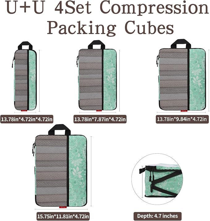 U+U 4 Set Compression Packing Cubes, Travel Organizers (Green Paisley) | Space-Saving & Lightweight Travel - Image 3