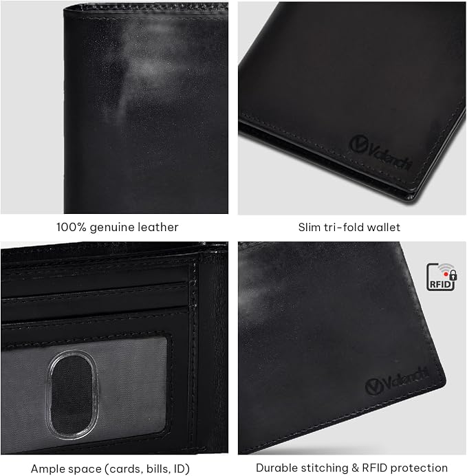 VALENCHI Genuine/Real Leather Bifold Wallet For Men - RFID Blocking/Protected Men's Slim Wallet - Christmas Gifts For Men (Black Italian V.T BF01) - Image 4