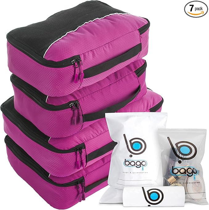 bago 7 Pcs Packing Cubes for Suitcases - 4 Travel Cubes with 3 ZipLock Bags - Luggage Organizer Bags to Get Maximum Storage, Save Time & Effort to Pack - Happy Traveling (Pink) by BagoTravelBags