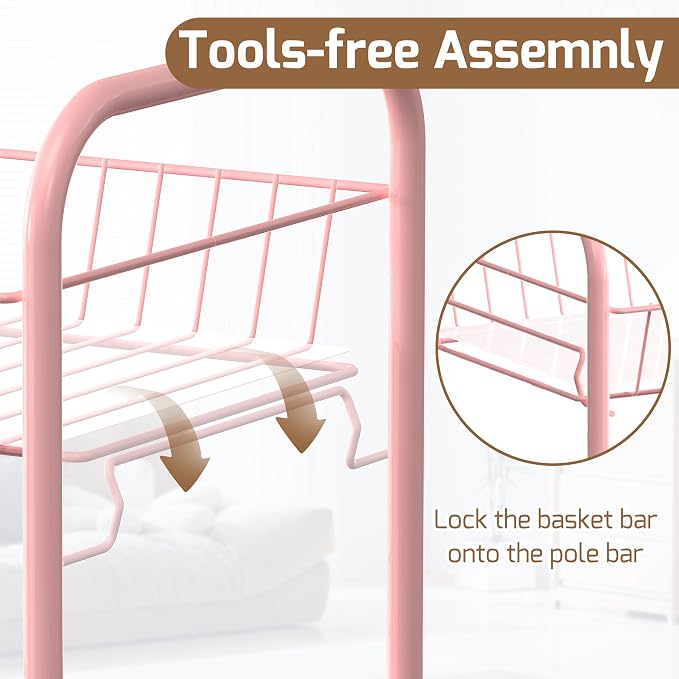 PLKOW 4-Tier Rolling Utility Cart with Detachable Baskets, Pink | 4-tier steel cart with detachable baskets, anti-fall pads, hooks, and 360° wheels for compact home storage - Image 2