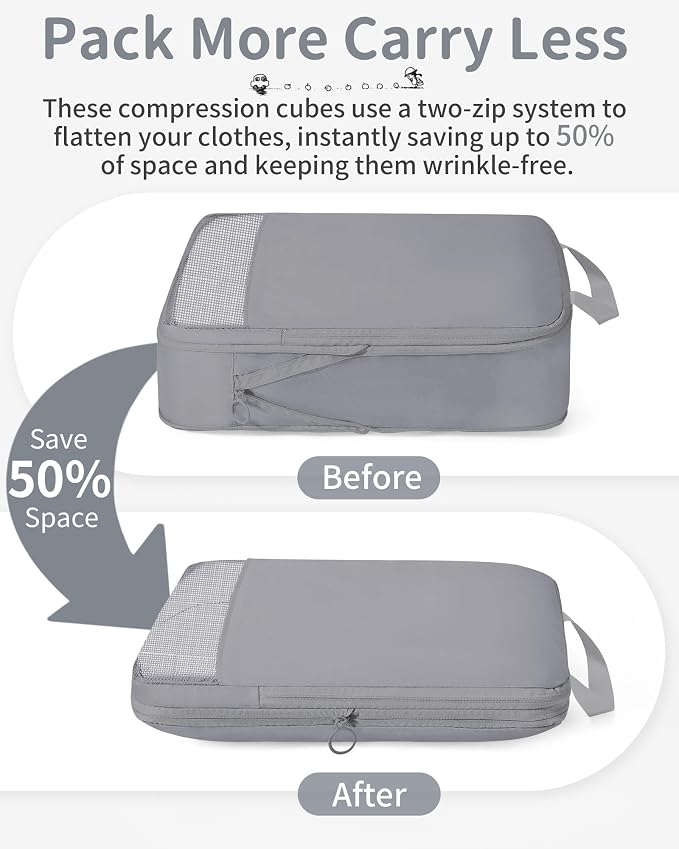 Compression Packing Cubes 11pc Set, Expandable Travel Organizers for Suitcases & Carry Ons, Durable Luggage Packing Bags for Travel Essentials Gray - Image 3