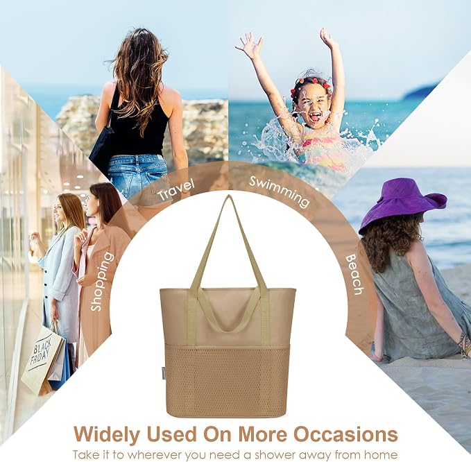 KABAQOO Large Beach Bag Waterproof Sandproof Tote Bag for Women with Zipper & Mesh Pockets for Pool Swim Travel Everyday | waterproof - Image 8
