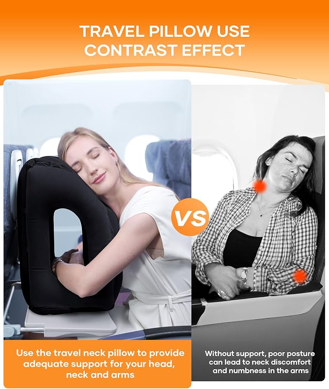 Sunany Travel Pillow, Upgraded Plane Pillow for Long Flights, Inflatable Neck Pillow Used for Airplanes,Cars,Buses,Trains,Office Napping with Eye Mask,Earplugs (Black) - Image 4