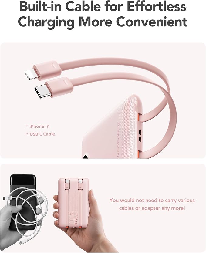 Mini Portable Charger with Built-in Cables 22.5W Fast Charging Power Bank USB-C Small Battery Pack 10000mAh Travel Essential Slim Battery for iPhone 17/16/15/14, Samsung 25/24, and More | with Built-in Cables Power Bank,USB-C Small Battery Pack Travel ... - Image 5