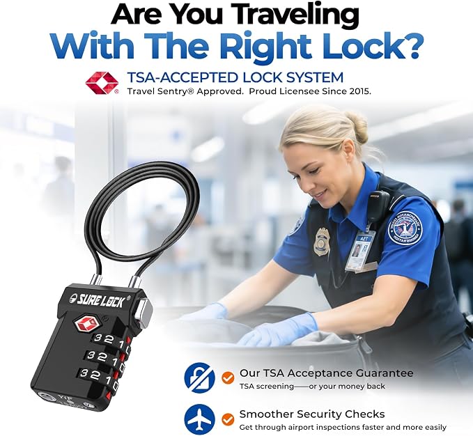 SURE LOCK TSA Approved Luggage Locks – 3-Digit Combination Cable Lock with Red Indicator, Large Dial & Easy-Press Button for Suitcases and Backpacks – Multi-Pack & Color Options (2, Extra Long Cable) - Image 3