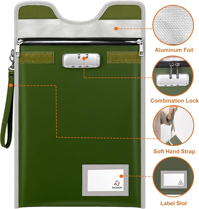 Document Safe Bag with Lock (5200℉), 15”x 11”Travel Document Holder, Fireproof Zipper Pouch for A4/A5/Legal/Letter Size Document, Tablet, Valuables, Money and Passport(Olive Drab) - Image 4