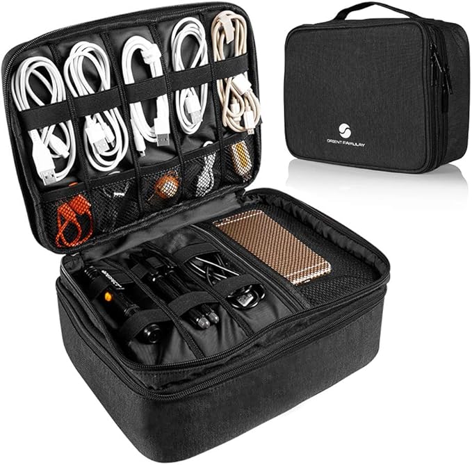 Travel Electronics Organizer, Waterproof Cable Organizer Bag for Electronic Accessories Double Layer Large Shockproof Cable Storage Bag for Cord, Power Bank, Tablet(Up to iPad 11 inch) - Black by ORIENTFAMULAY