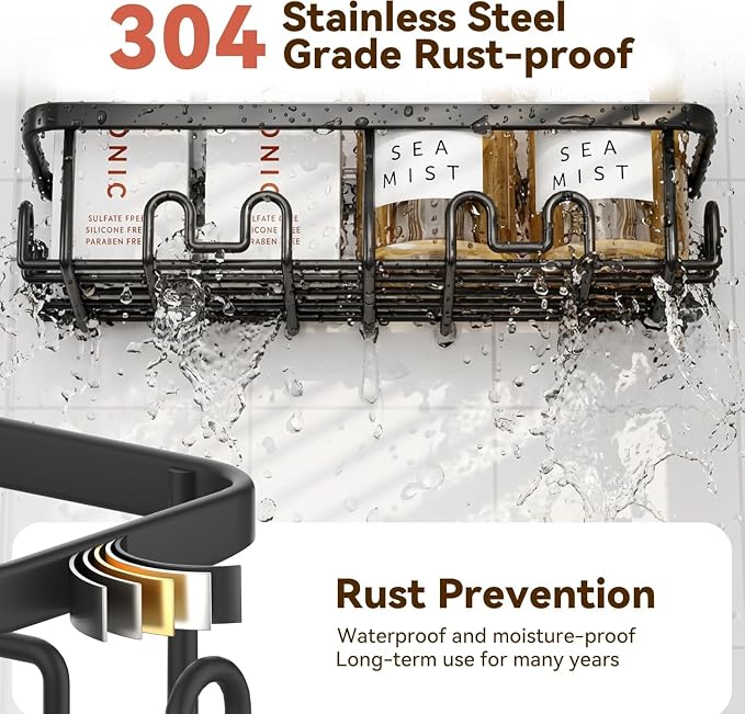Shower Caddy Adhesive, Rustproof Shower Organizer, Wall Shower Rack | Large Capacity Shower Shelves for Inside Shower, Shampoo Shower Holder, Black, 3 Caddies, 1 Soap Dish, 1 Toothbrush Holder - Image 5