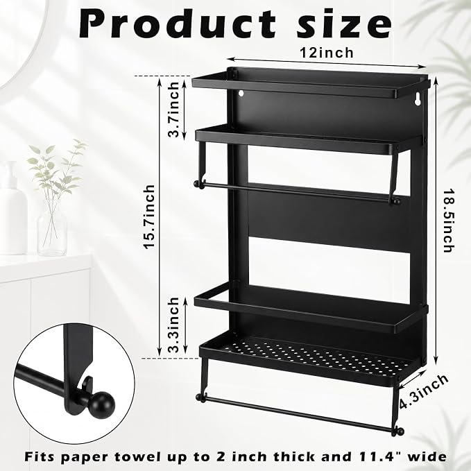 Vercraft Magnetic Dorm Fridge Organizer Heavy Duty Metal 66lbs over Dorm Fridge Shelf Essentials Side of Fridges Paper Towel Holder with Storage Shelf Hooks Magnetic Spice Rack for Room Kitchen(Black) - Image 2