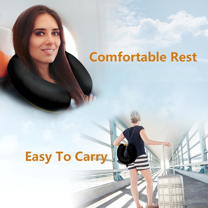 Travel Pillow, Memory Foam Neck Pillow for Traveling, U Shape Airplane Portable Flight Pillow Adult Travel Neck Pillow for Plane Train Car Home Office (Black * Yellow) - Image 6