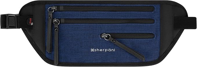 Sherpani Jett, Travel Money Belt, Secure Waist Bag, Slim Passport Holders, Blocking Hidden Wallet Belt Bag, Fanny Pack for Women, Travel Gift, RFID Protection (Indigo Lite) by SHERPANI