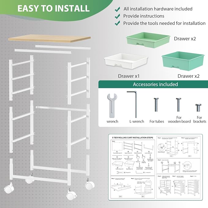 Goovilla Rolling Cart with 5 Drawers for Craft, Art, Dorm, Office, Green | Utility Cart Organizer With 5 Removable Drawers and Wooden Tabletop, Lockable Rolling Storage Organizer for Classroom, Home - Image 6