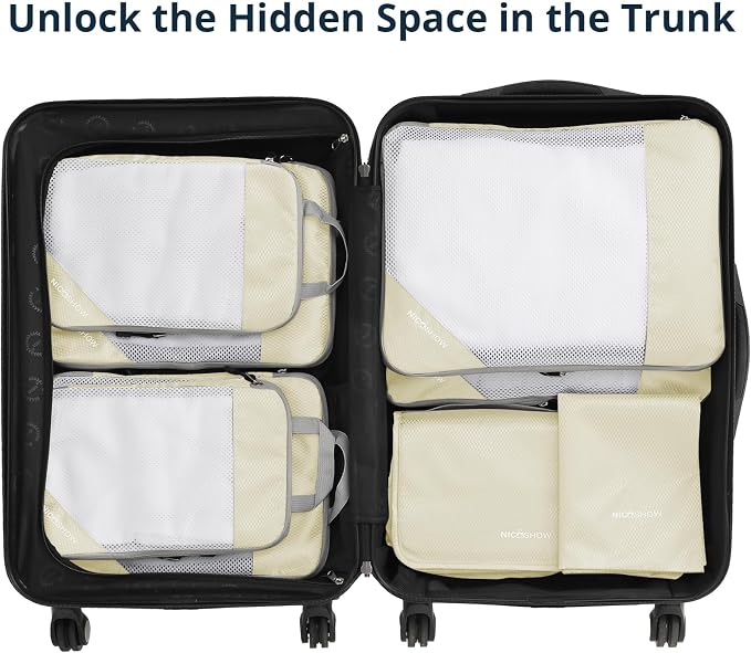 Compression Packing Cubes 8 Set, Compressible Space-Saving Packing Cubes for Travel - Compression Bags, Luggage Organizer, Travel Essentials for Women, Beige - Image 6