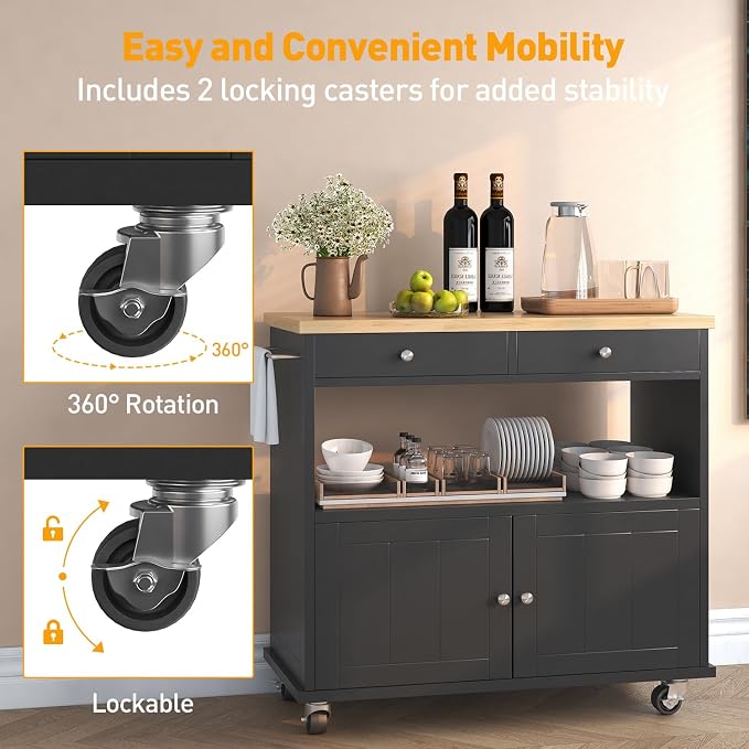 knoworld Rolling Kitchen Island with Storage Cabinet, 35.4'' Width Kitchen Cart, 2 Drawers Island Table, Portable Mobile Kitchen Island with Towel Rack, Wood Top and Lockable Wheels, Black - Image 6